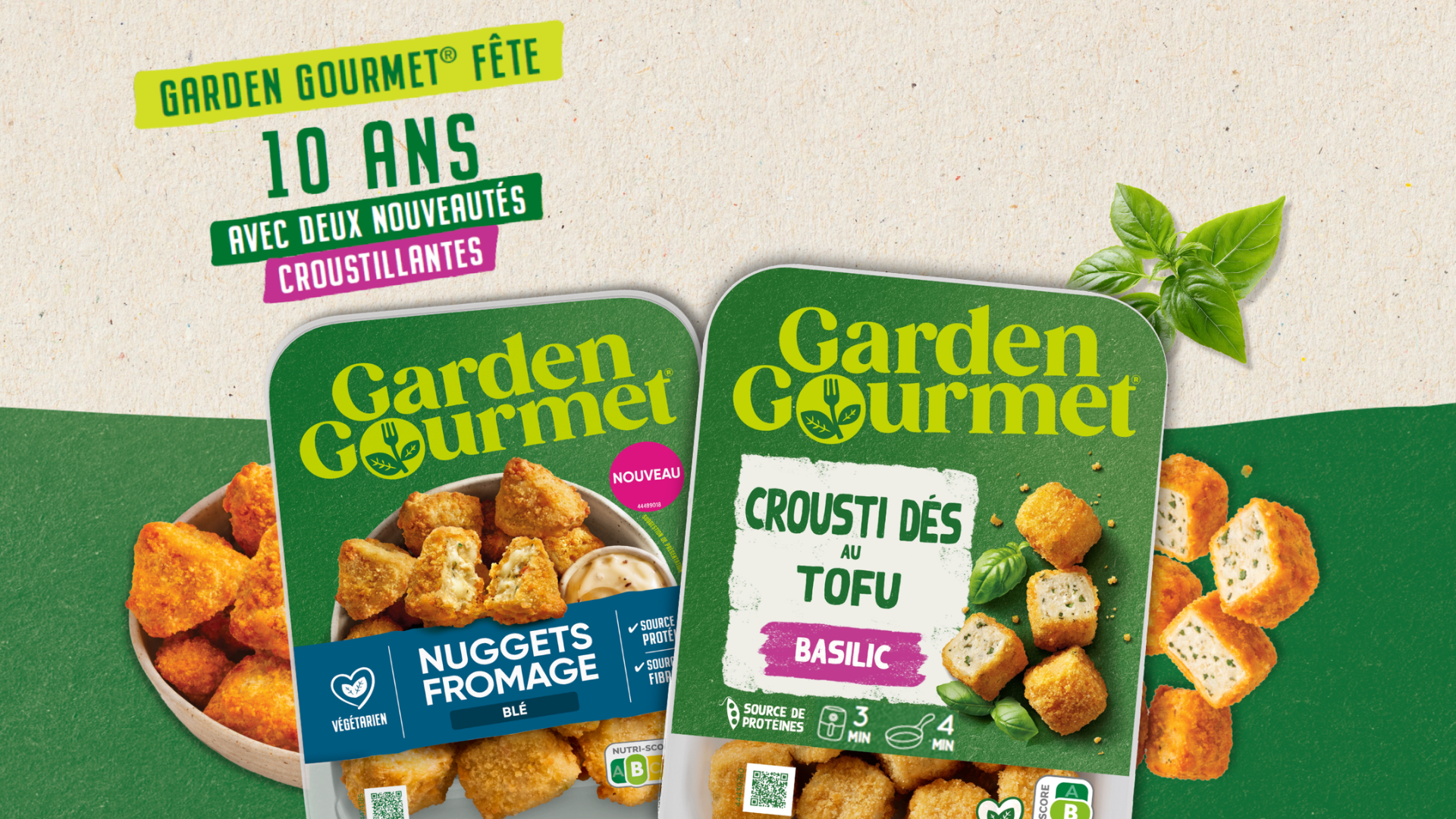 Visuel des nouveautés GARDEN GOURMET® pour ses 10 ans, présentant deux produits végétaux croustillants : les Nuggets Fromage