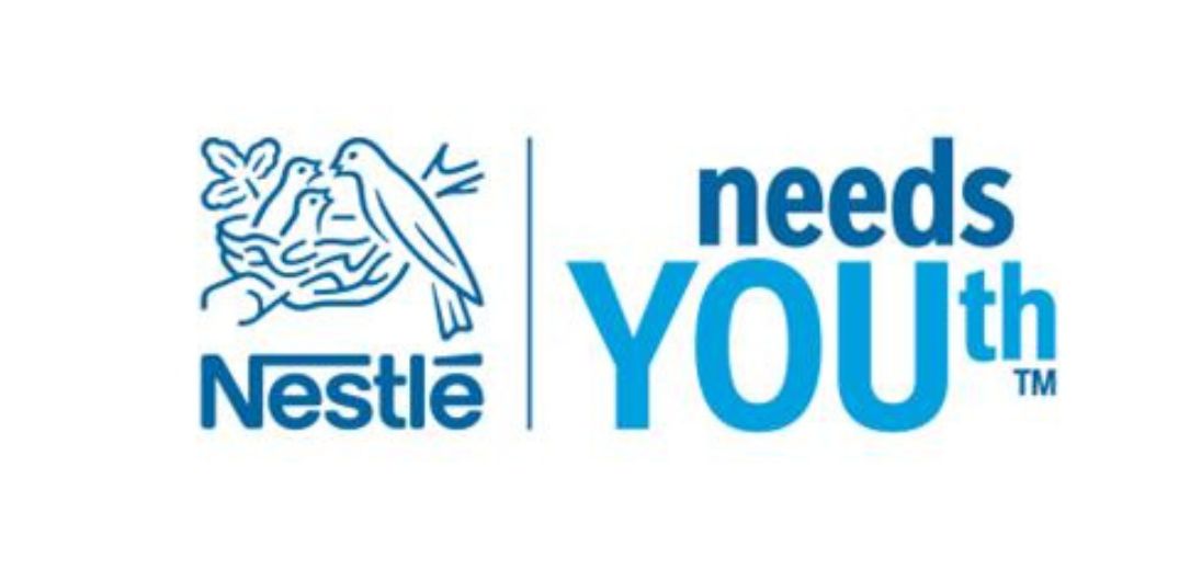 Nestlé logo featuring blue birds and a nest, accompanied by the words "needs YOUth" promoting youth engagement and support