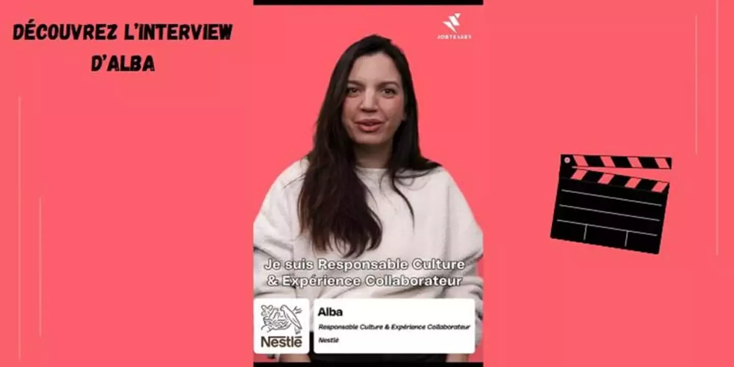 Une femme en pull blanc est mise en avant sur un fond rose, promouvant une interview sur la culture du travail pour Nestlé.