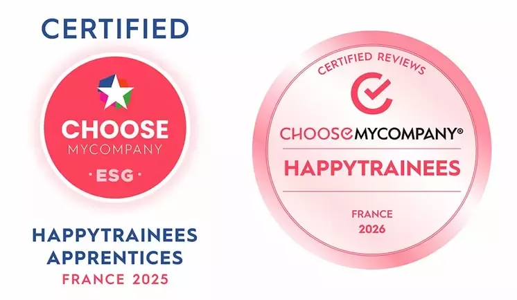 Deux badges de certification pour Nestlé : HappyIndex Stagiaires Alternance France 2025 avec les labels Choisir ma société ESG.