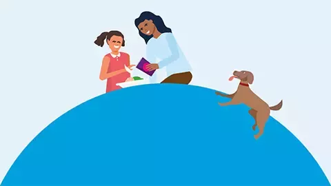 Illustration d’une femme avec un enfant et un chien