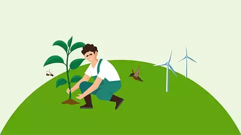 Illustration d’une personne qui plante quelque chose et des éoliennes à côté